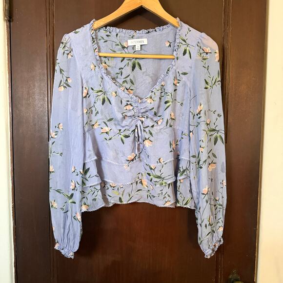 INTERMIX | Lavender Purple Floral Silk Ruffled Babydoll Shirt tie bust | size 8 - Picture 1 of 6